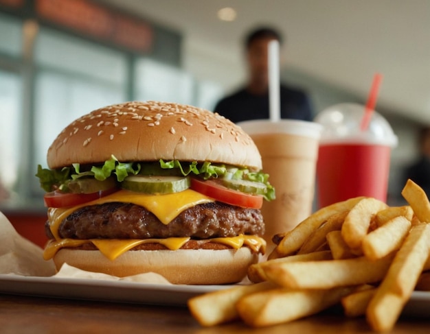 a hamburger with cheese and a drink in front of it