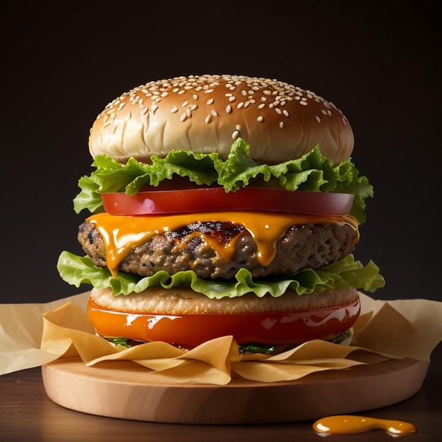 Hamburger with Cheese Fresh Vegetables and Sesame Bun