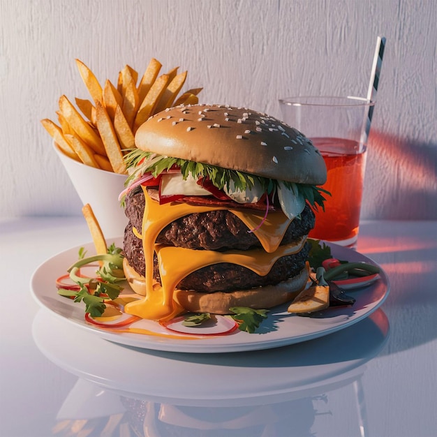 a hamburger with cheese and fries on a plate with a drink in the background