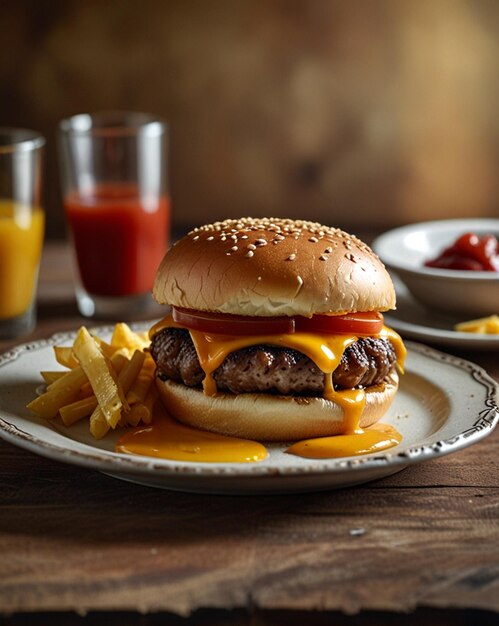 a hamburger with cheese and fries on a plate with a glass of orange juice