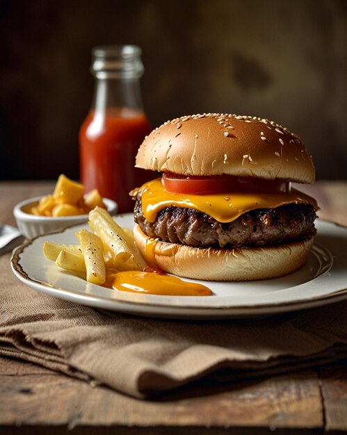 a hamburger with cheese and fries on a table