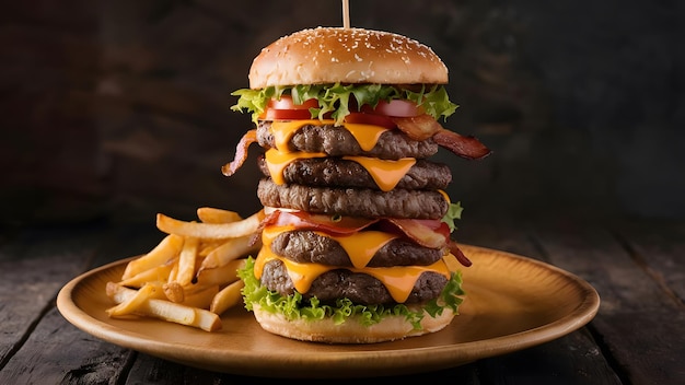 a hamburger with cheese and hamburger on a plate