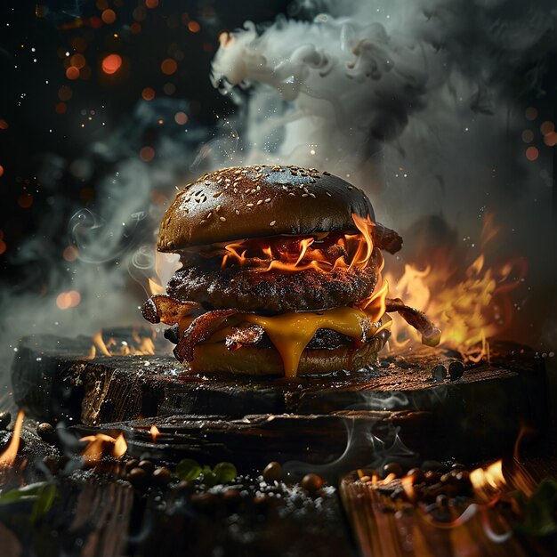 Photo a hamburger with cheese and hamburger on top of a fire