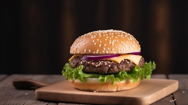 A hamburger with cheese on it sits on a wooden board.