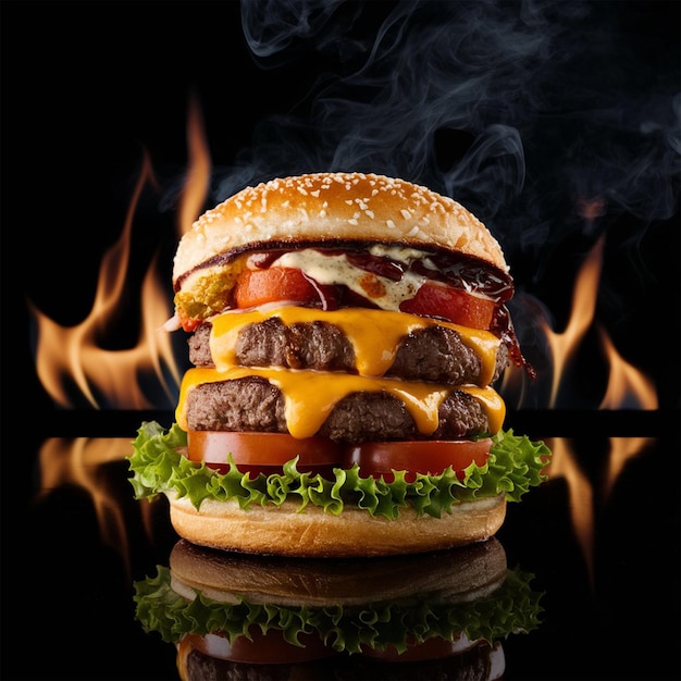 a hamburger with cheese and ketchup is shown in front of a black background