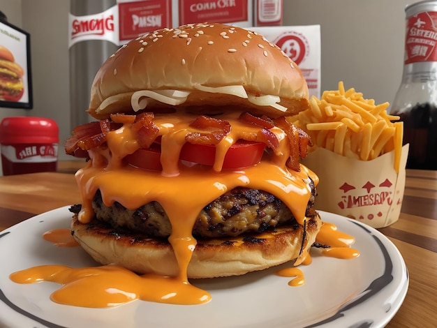 a hamburger with cheese and ketchup on it