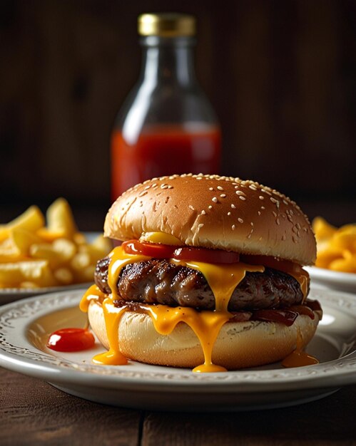 a hamburger with cheese and ketchup on a plate with a bottle of ketchup