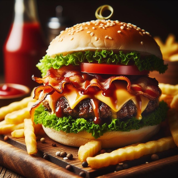 a hamburger with cheese and ketchup on a wooden tray