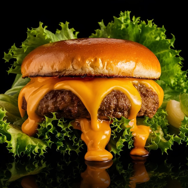 a hamburger with cheese and lettuce on a black background