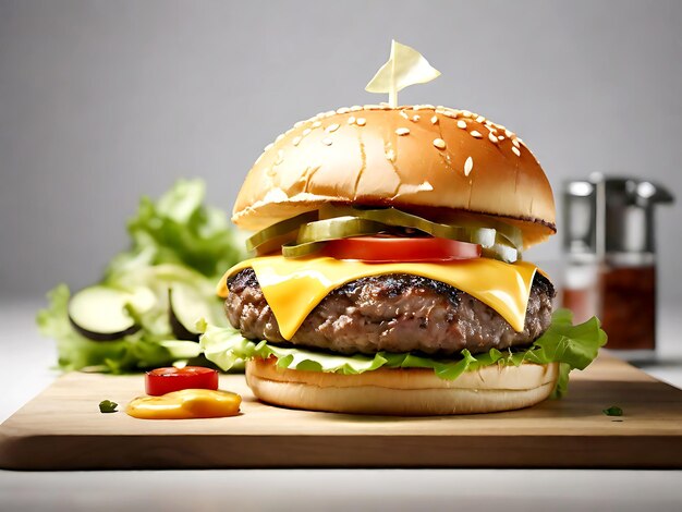 hamburger with cheese and lettuce on it is sitting on a table