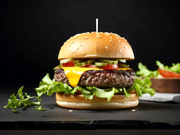 hamburger with cheese and lettuce on it is sitting on a table