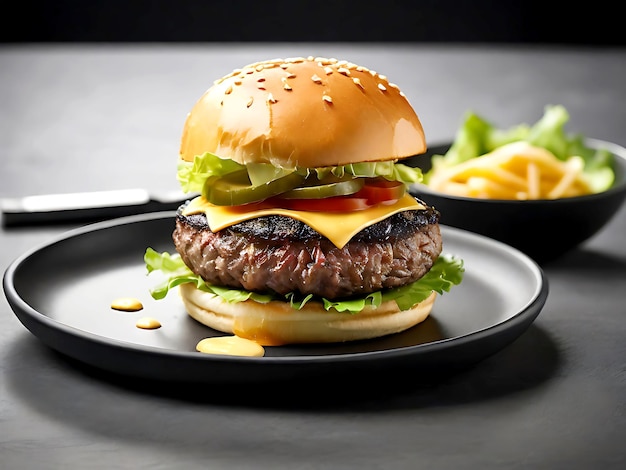 hamburger with cheese and lettuce on it is sitting on a table