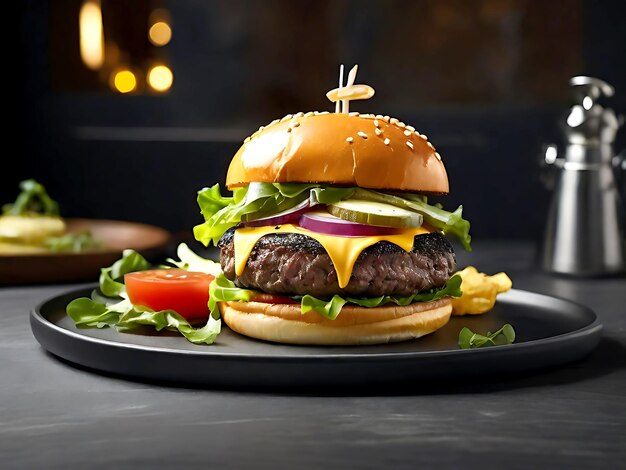 hamburger with cheese and lettuce on it is sitting on a table