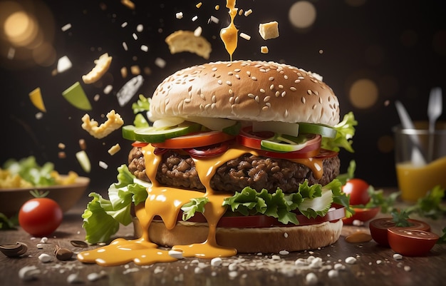 A hamburger with cheese lettuce and other flying ingredients