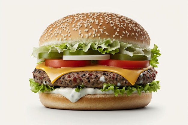 A hamburger with cheese lettuce tomato and lettuce on it