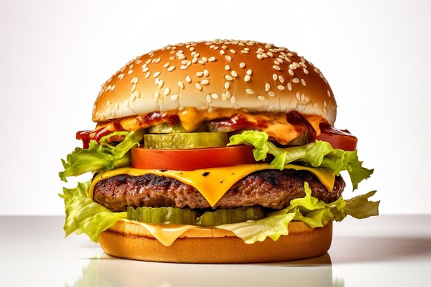 A hamburger with cheese, lettuce, tomato, and pickles on a white background.