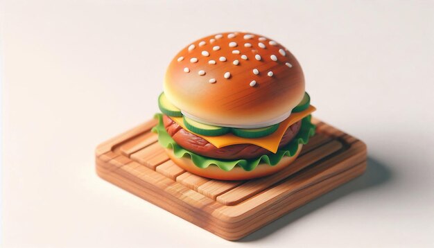 a hamburger with cheese and meat on it sits on a cutting board