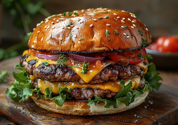 a hamburger with cheese and onions on it is sitting on a wooden table