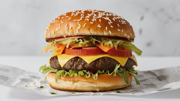 a hamburger with cheese and onions on it sits on a white table