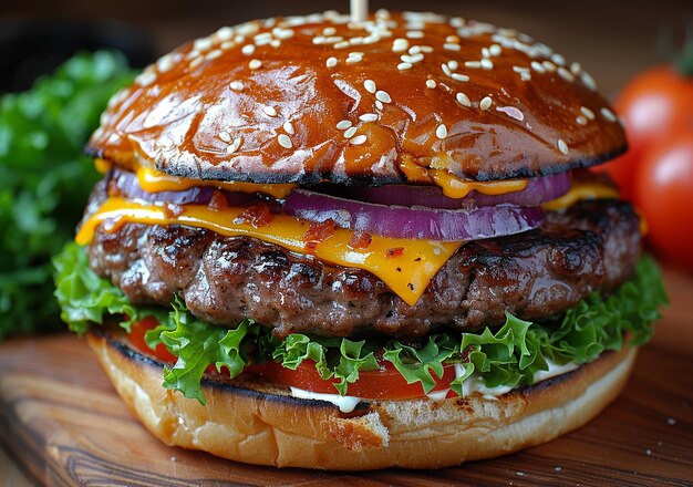 a hamburger with cheese and onions on it sits on a wooden board