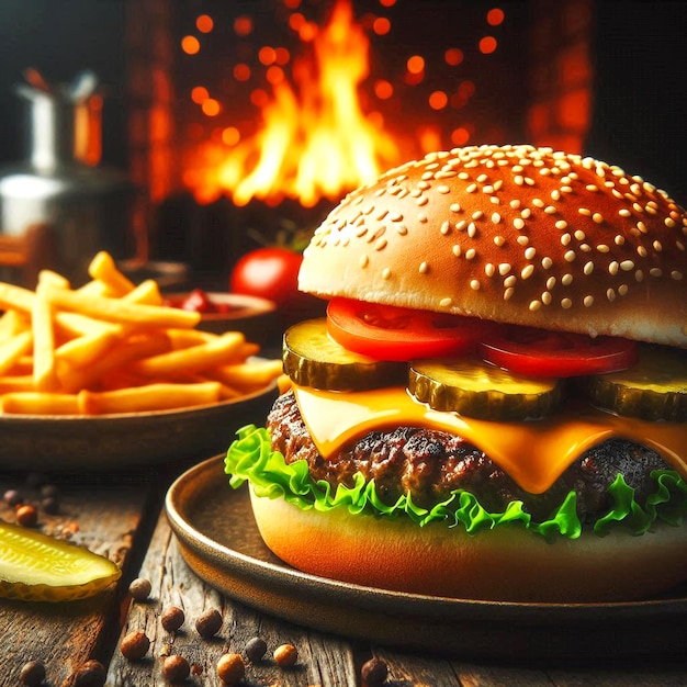 a hamburger with cheese and a pile of fries on a table