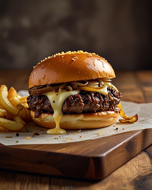 a hamburger with cheese and a pile of fries on a wooden board