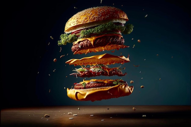 A hamburger with cheese and sauces flying through the air.