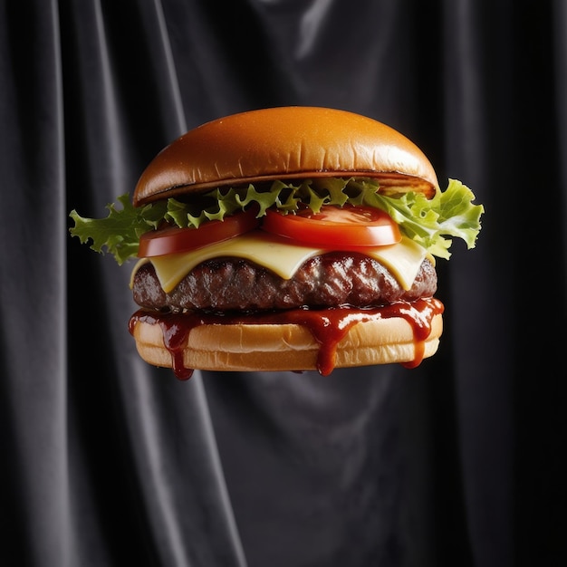 a hamburger with cheese and tomato on it is hanging from a black curtain