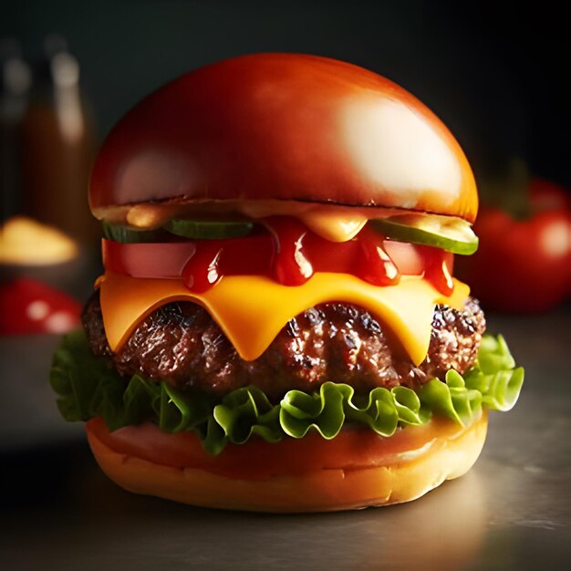 a hamburger with cheese and tomato on it is on a table