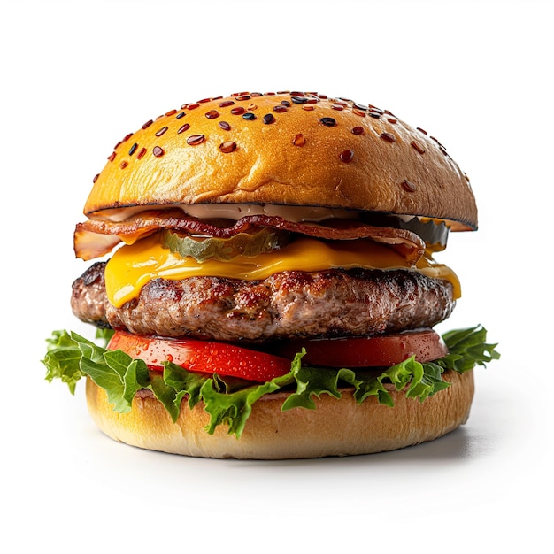 a hamburger with cheese and tomato on it is on a white background