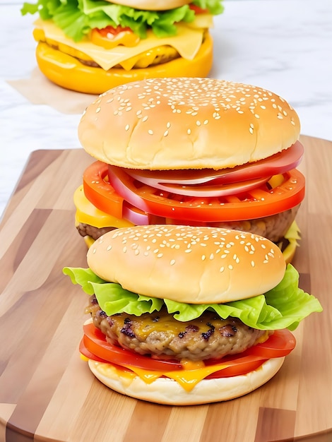 A hamburger with cheese and tomato on it sits on a cutting board of burger dinner ai generated