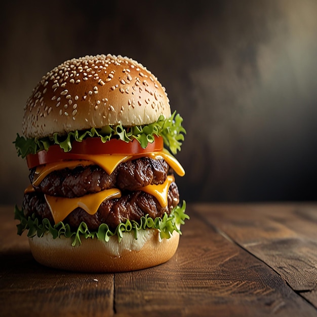 a hamburger with cheese and tomato on it sits on a wooden table