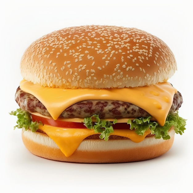 A hamburger with cheese and tomato on it