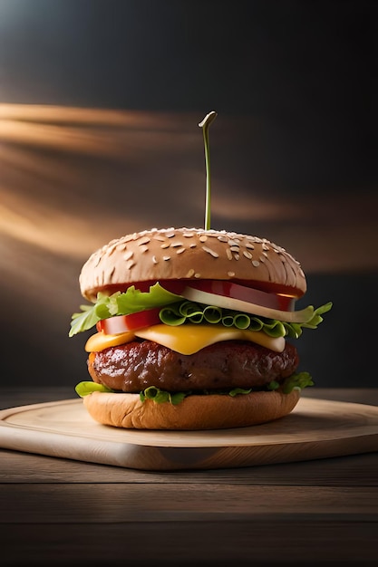 A hamburger with cheese, tomato, and lettuce on a wooden board.