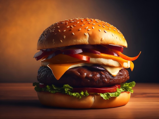 A hamburger with cheese, tomato, and onion on a wooden table.