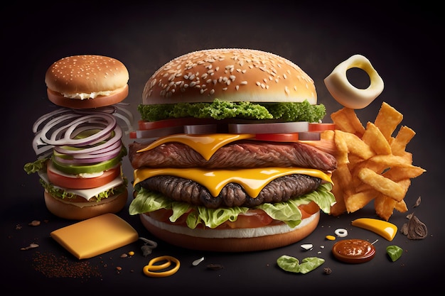 A hamburger with cheese, tomato, and onions is surrounded by other food items.