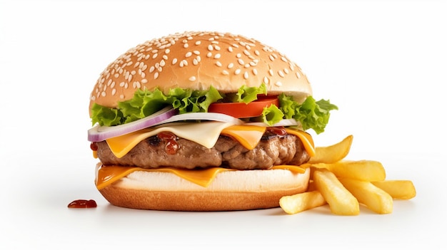 A hamburger with cheese, tomato, and onions is on a white background.