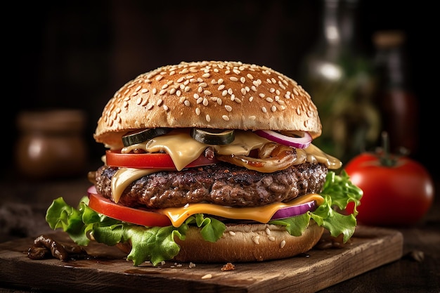 A hamburger with cheese, tomato, and onions on a wooden board.