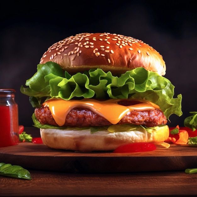 a hamburger with cheese and tomato sauce on a cutting board 3D Render Realistic Image