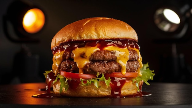 a hamburger with cheese and tomato sauce on a table