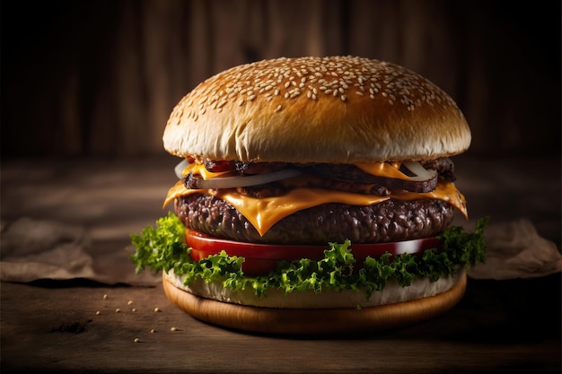 A hamburger with cheese and tomato on a wooden table.