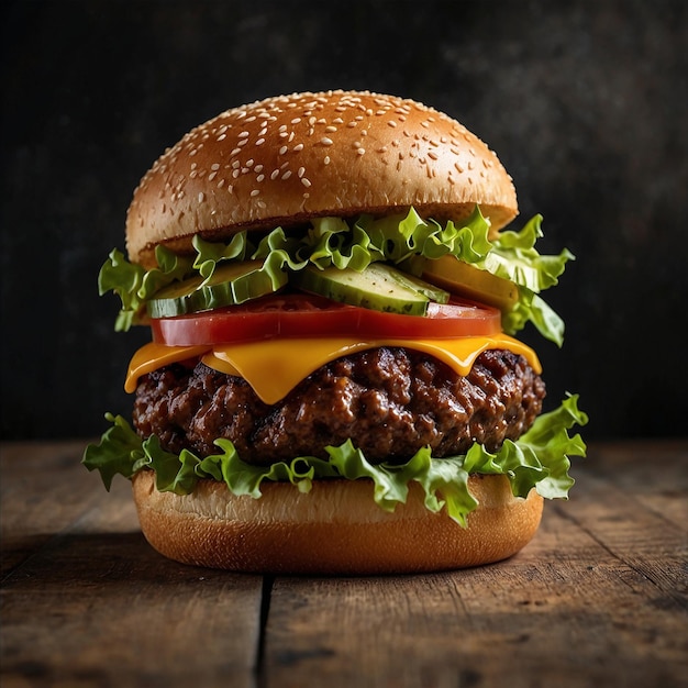 a hamburger with cheese and tomato on a wooden table