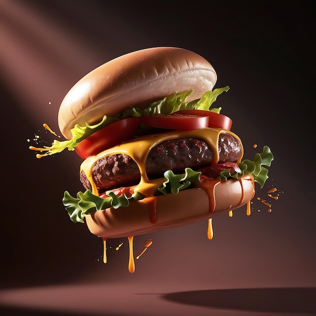 A hamburger with cheese and tomatoes in the air