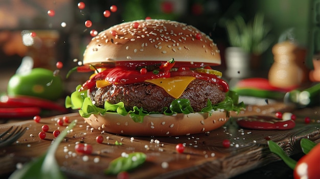 a hamburger with cheese and tomatoes on it is sitting on a cutting board