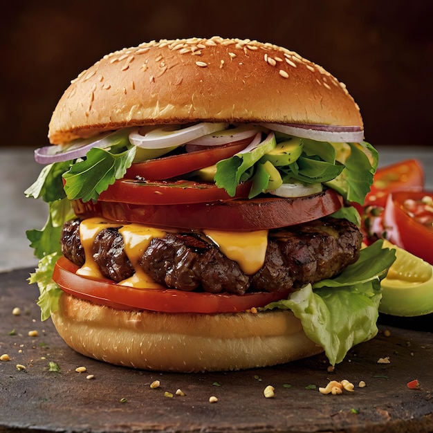 a hamburger with cheese and tomatoes on it is on a wooden board