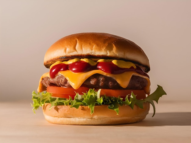 A hamburger with cheese and tomatoes on it sits on a table