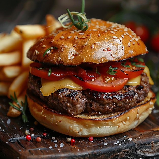 a hamburger with cheese and tomatoes on it sits on a wooden board