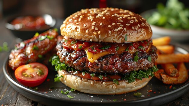 a hamburger with cheese and tomatoes on a plate