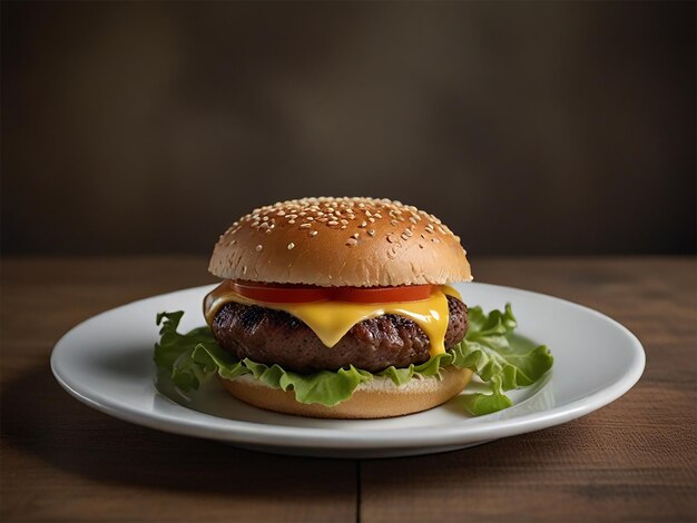 Photo a hamburger with cheese and tomatoes on a plate