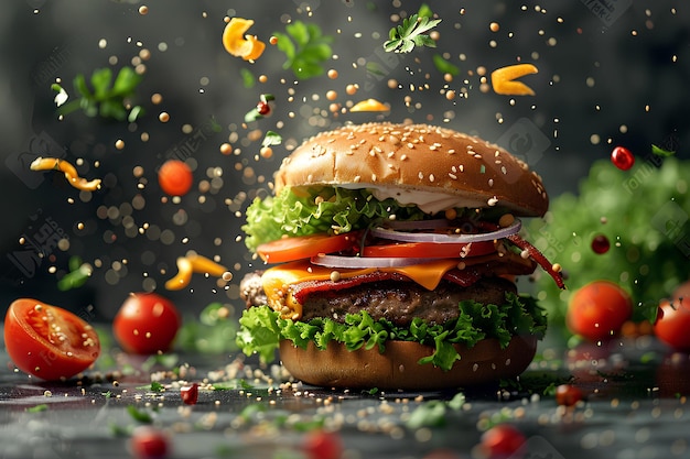 a hamburger with cheese tomatoes and tomatoes on a black background